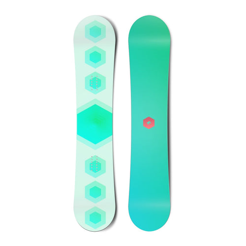 Top and bottom view of a snowboard. The top view shows 7 stacked hexagons and the bottom view
          shows a small, centred hexagonal logo for Hydrogen.